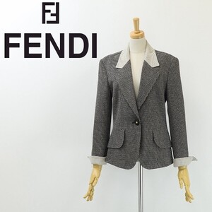 ヴィンテージ◆FENDI フェンディ 襟切替 ロゴボタン ジャケット 黒 ブラック×オフホワイト