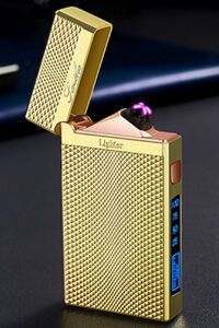プラズマライター 金色 立体凹凸柄 送料無料　電子ライター プラズマ着火 USB 充電式 ゴールド メタル製 海外ブランド 高級 ライター　r21