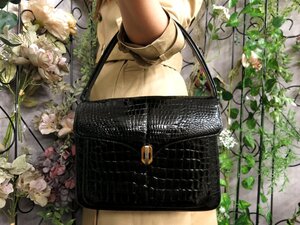 ●超美品●GENUINE●トップハンドル●シャイニング クロコダイル 本 ワニ 革●ハンド バッグ●黒●ゴールド金具●腕掛け●かばん●Js52849