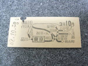 東海道本線　東京から3等10円　昭和32年10月8日　東京駅発行　国鉄