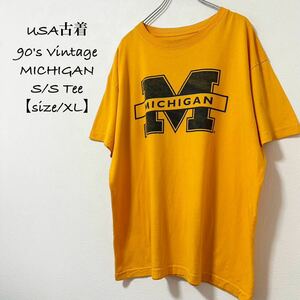 90s★Vintage/ヴィンテージ★MICHIGAN/ミシガン★半袖Tシャツ★イエロー×ネイビー/黄紺★XL ※ミシガンカラー