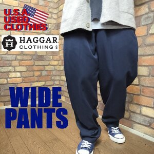 LS1-360【USA古着 haggar ハガー】ゴムアジャスター付 ワイドパンツ【W38 94センチ】【モデル175cm】ネイビー テーパード トラウザーズ