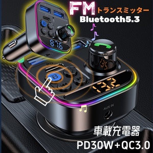 Bluetooth5.3 FMトランスミッター 車載 PD30W+QC3.0 急速充電 ハンズフリー通話 AUX入力 USBメモリ対応 EQモード切替 電圧測定12V/24V対応