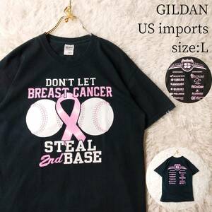 【一点物・US古着アメリカ輸入】半袖Tシャツ GILDAN Lサイズ メッセージTシャツ ダークネイビー 濃紺 ピンクリボン運動