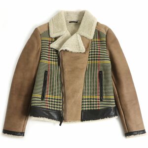 美品□ETRO/エトロ グレンチェック コットン切り替え WZIP 羊革 ダブルライダース/ムートンジャケット ベージュ系 L イタリア製 メンズ