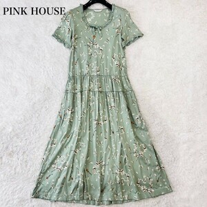 PINK HOUSE ピンクハウス ロング マキシ ワンピース バッグリボン ピコフリル レース ティアード ギャザー 花 グリーン 綿 F フリーサイズ