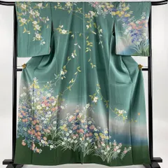 訪問着 身丈161.5cm 裄丈67cm M 袷 やまと 落款 草花 ぼかし 緑 正絹 美品 名品 【中古】