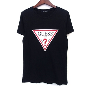 ゲス GUESS Tシャツ カットソー ロゴ プリント 切替リブ 半袖 丸首 コットン 綿 S ブラック 黒 /HT16 レディース