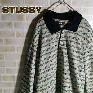 STUSSY　ステューシー　ポロシャツ　長袖　総柄　ジャガード柄　ワッペン