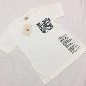 1点のみ　新品10761 Hanesヘインズ アイボリー白カモフラポケット付き半袖Tシャツ サイズ130cm