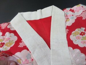 1円 良品 正絹 長襦袢 縮緬 紅絹 式典 和装 和服 正月 アンティーク レトロ 花柄 雲 鹿の子 袷 身丈120cm 裄64cm【夢職】★★★