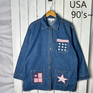 USA古着 90s～ デニムカバーオール L~XL程度 刺繍・ワッペン オールド ヴィンテージ アメリカ古着 ユニセックス ワーク インディゴ●61