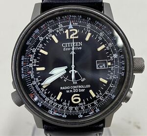 AM@ 未稼働 CITIZEN シチズン H411-T004911 電波 ソーラー 腕時計 ラウンド デイト 黒文字盤 SV金具 エコドライブ メンズ 3針 ベルト黒