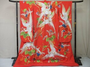 1円 良品 正絹 着物 打掛 振袖 和装 花嫁 花魁 刺繍 赤 花喰い鳥 尾長鳥 桐 高級 袷 身丈172cm 裄67cm ◆逸品◆【夢職】★★★★