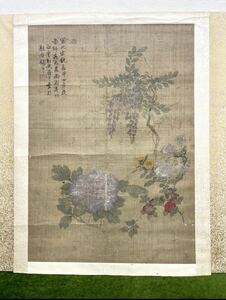 ★☆骨董/絵画/掛軸 在銘/落款あり 色絵 四季花 春の花 牡丹 藤 額装サイズ:縦630×横565mm