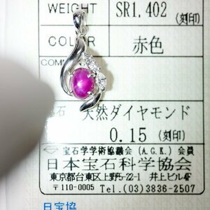 X-65 Pt900 スタールビー1.402ct/ダイヤモンド0.15ct ペンダントトップ 日本宝石科学協会ソーティング付き