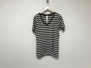 本物アタッチメントATTACHIMENTコットンボーダー柄Vネック半袖Tシャツメンズサーフアメカジミリタリービジネススーツピンクグレー1S日本製