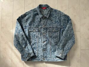 XL Supreme Script Jacquard Denim Trucker Jacket Washed Blue