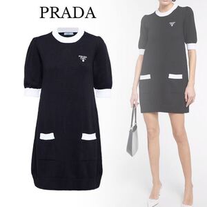 2024年　新作　☆極美品☆ PRADA プラダ　ロゴ刺繍　コットン　ニット　ワンピース　ドレス　ブラック　レディース　定価264,000円