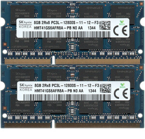 【DDR3 8GBx2枚 合計16GB ノートPC用】＜動作確認済＞SK hynix 低電圧 1.35V DDR3L-1600 (PC3L-12800S) HMT41GS6AFR8A-PB【中古】H198