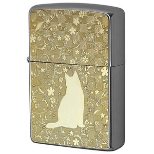 Zippo ジッポライター ネコ 猫 Cat 花 ゴールドプレート ＃200 メタルプレート 両面加工 ニッケルメッキ 2MP-ネコと花 メール便可