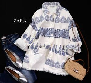 ザラ ZARA 大人可愛い☆ 総柄 プリント フリンジ シャツ ジャケット XS