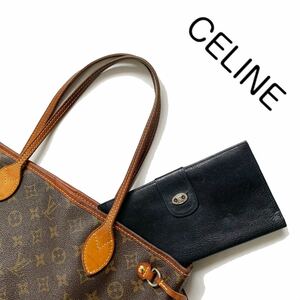 【送料込み】celine セリーヌ マカダムロゴ　長財布　札入れ　カードケース　レザー　紺色