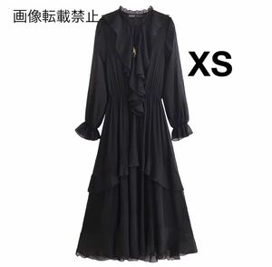 vintage ヴィンテージ レトロ フリル ロング ワンピース XSサイズ レディース★ZARA 好きな方に★2024 A/W 秋冬新作 新品未使用★