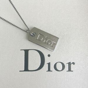 美品!! クリスチャン ディオール Christian Dior ネックレス ペンダント プレート Dior ロゴ 刻印 メタリック シルバー アクセサリー 希少