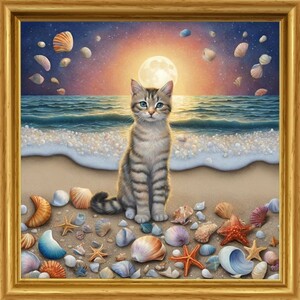 猫 ねこ　海　貝殻　イラスト　絵　絵画　インテリア　子猫 Ｌ版サイズプリント ハンドメイド NO24