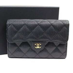 美品 シャネル CHANEL キャビアスキン 黒 三つ折り財布 コインケース カードケース【中古】9166