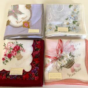 未使用 ニナリッチ NINA RICCI 大判ハンカチ 4枚セット 総柄 花 蝶 刺繍 綿100% ブルーミング中西 レディース ハンカチ まとめ売り