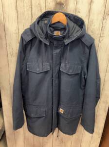 carhartt カーハート ジャケット 輸入古着 ネイビー フード取り外し ドローコード ロゴ ダブルジップ ナイロン 内タグ無し メンズ L