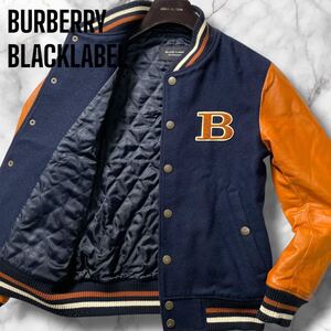 極上羊革!!!美品◎ バーバリーブラックレーベル スタジャン ラムレザー ジャケット ブルゾン ウール ロゴ 中綿 BURBERRY BLACKLABEL メンズ