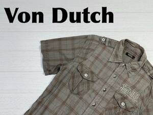 ☆送料無料☆ Von Dutch ボンダッチ 古着 半袖 チェック柄 シャツ メンズ M オリーブグリーン トップス 中古 即決