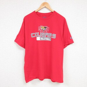 XL/古着 チャンピオン Champion 半袖 ブランド Tシャツ メンズ COUGARS バレーボール コットン クルーネック 赤 レッド 23ju