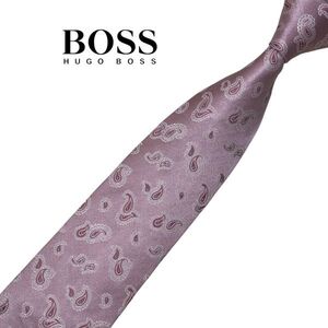 ★やや細め★ペイズリー柄★HUGO BOSS★高級ネクタイ ピンク系 ヒューゴボス イタリア シルク USED プレス済み ネコポス可 t1197