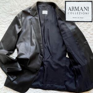 美品 希少 XXLサイズ イタリア製 ARMANI COLLEZIONI ラムレザー テーラードジャケット ブラック アルマーニコレツィオーニ メンズ ブレザー