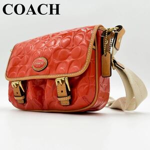 【極美品】COACH コーチ メンズ スリム 肩掛け クロスボディ ウエスト ショルダー バッグ シグネチャ エンボス 革 レザー オレンジ 橙色