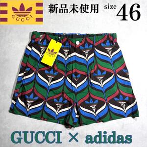 新品 46size グッチ × アディダス 総柄 トレフォイル ショート パンツ GUCCI adidas ショーツ 人気コラボ マルチカラー 高級 正規品