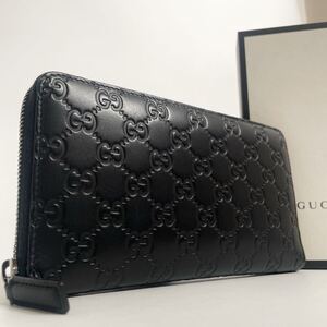 未使用◆GUCCI グッチ ラウンドファスナー 長財布 ウォレット オーガナイザー GG シマレザー ブラック 黒 メンズ 