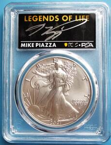 ★★ 最高鑑定 シルバーイーグル 2021年 T-2 MLBレジェンド Mike Piazza 直筆サイン １$ .999銀貨 PCGS MS70 First Production ★★