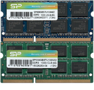 【DDR3 8GBx2枚 合計16GB ノートPC用】＜動作確認済＞シリコンパワー DDR3-1333 (PC3-10600S) SP008GBSTU133N02 x 2枚【中古】H176