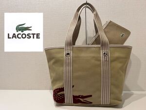 ★LACOSTE★ラコステ★トートバッグ★A4収納可能★コットンキャンバス★ポーチ付き★ファスナー開閉★フロッキープリント★ベージュ×赤★