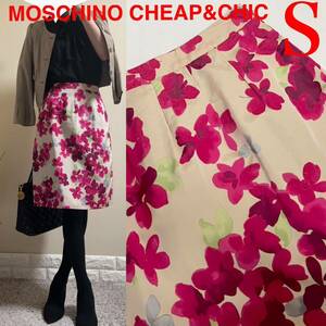 モスキーノ　MOSCHINO CHEAP&CHIC 花柄　シルク混　スカート　S I38 通年　シルクタフタ　モスキーノチープアンドシック　ベージュ