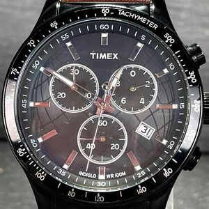 TIMEX タイメックス 腕時計 アナログ クオーツ カレンダー ブラック文字盤 レザーベルト ブラウン ラウンド 新品電池交換済み