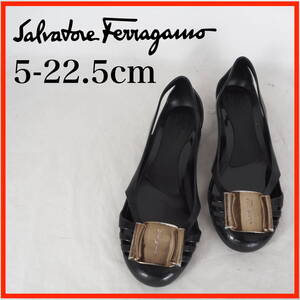 MK9757*Salvatore Ferragamo*フェラガモ*レディースラバーバレエシューズ*5-22.5cm*黒