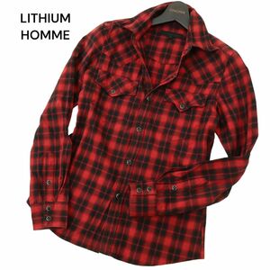 LITHIUM HOMME リチウムオム 通年 襟ワイヤー★ 長袖 ウエスタン チェック シャツ Sz.44　メンズ 赤 日本製　A4T08350_7#C