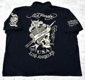 Ed Hardy 超ビッグサイズ 8L 刺繍ロゴ プリントロゴ 半袖 ポロシャツ　　エドハーディー 超大きいサイズ BIG SIZE 前面プリント 柳9699