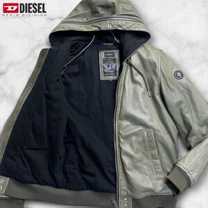 希少色/グリーン●DIESEL ディーゼル ラムレザー ジップアップ ブレイブマン 羊革 パーカー ジャケット アウター カーキ メンズ M相当